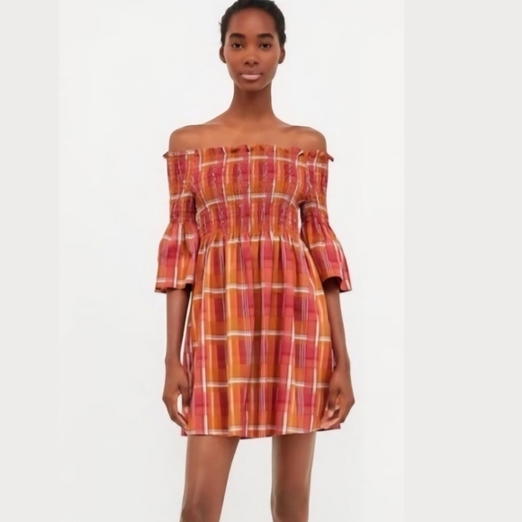 Zara Plaid Smocked Fairy Cottage Milkmaid Peasant Dress SzS Off the Shoulder - Picture 1 of 10